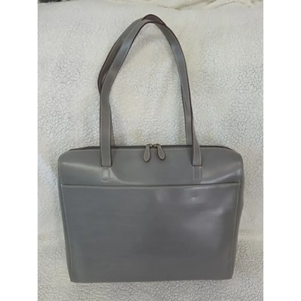 LODIS Leather Briefcase Laptop Work Tote Organizer Double Handles Gray Brown EUC